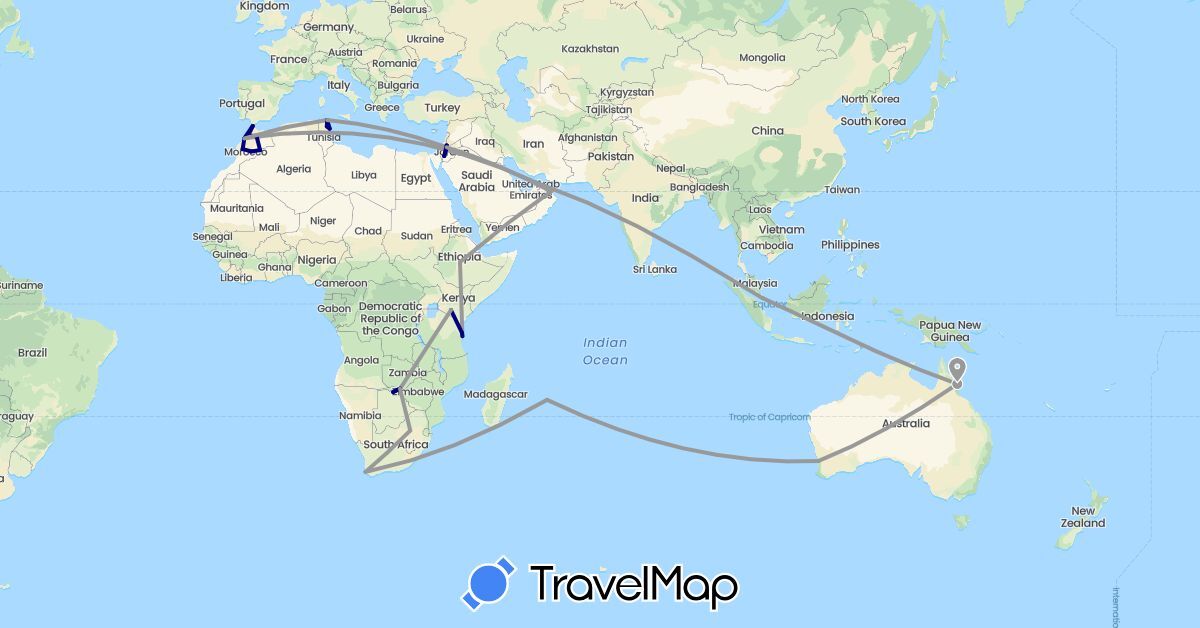 TravelMap itinerary: driving, plane in United Arab Emirates, Australia, Botswana, Ethiopia, Jordan, Kenya, Morocco, Mauritius, Oman, Singapore, Tunisia, Tanzania, South Africa, Zambia, Zimbabwe (Africa, Asia, Oceania)
