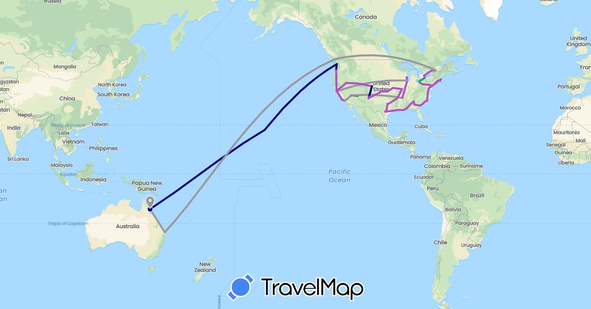 TravelMap itinerary: driving, bus, plane, train in Australia, Canada, United States (North America, Oceania)